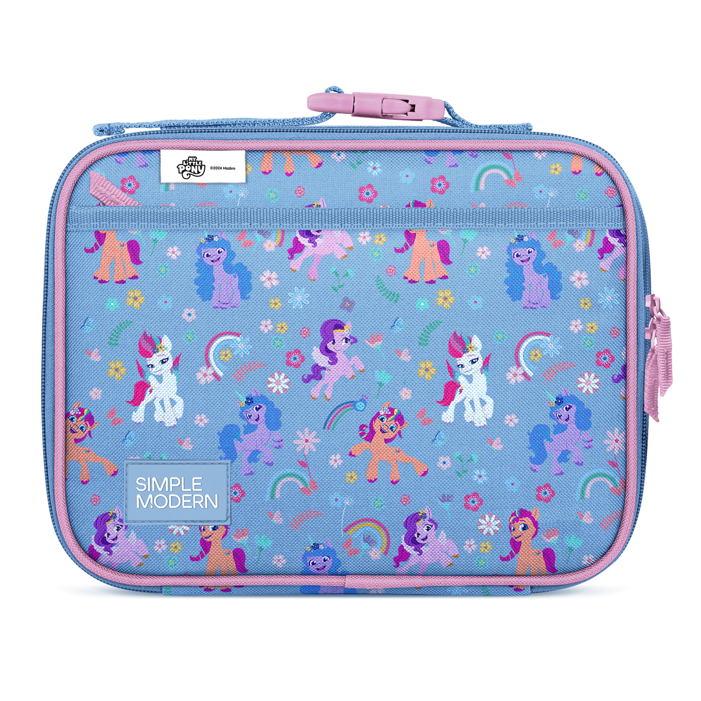 Periwinkle blue backpack with hot pink and mauve accents, featuring vibrant magenta interior lining details.