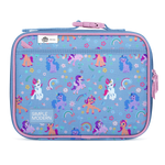 Periwinkle blue backpack with hot pink and mauve accents, featuring vibrant magenta interior lining details.