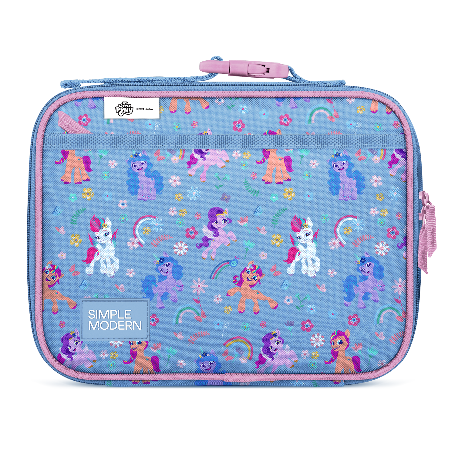 Periwinkle blue backpack with hot pink and mauve accents, featuring vibrant magenta interior lining details.