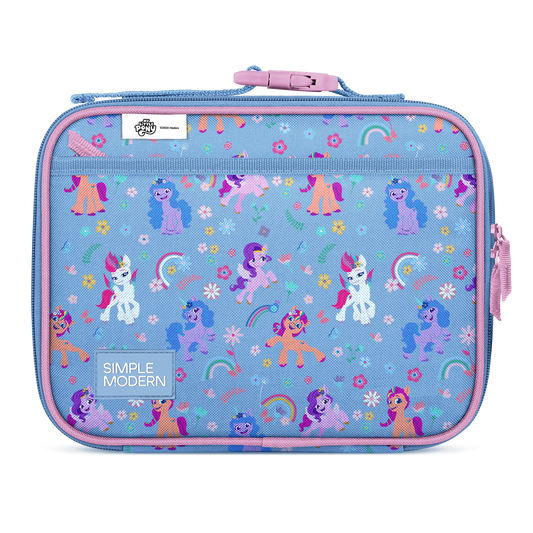 Periwinkle blue backpack with hot pink and mauve accents, featuring vibrant magenta interior lining details.