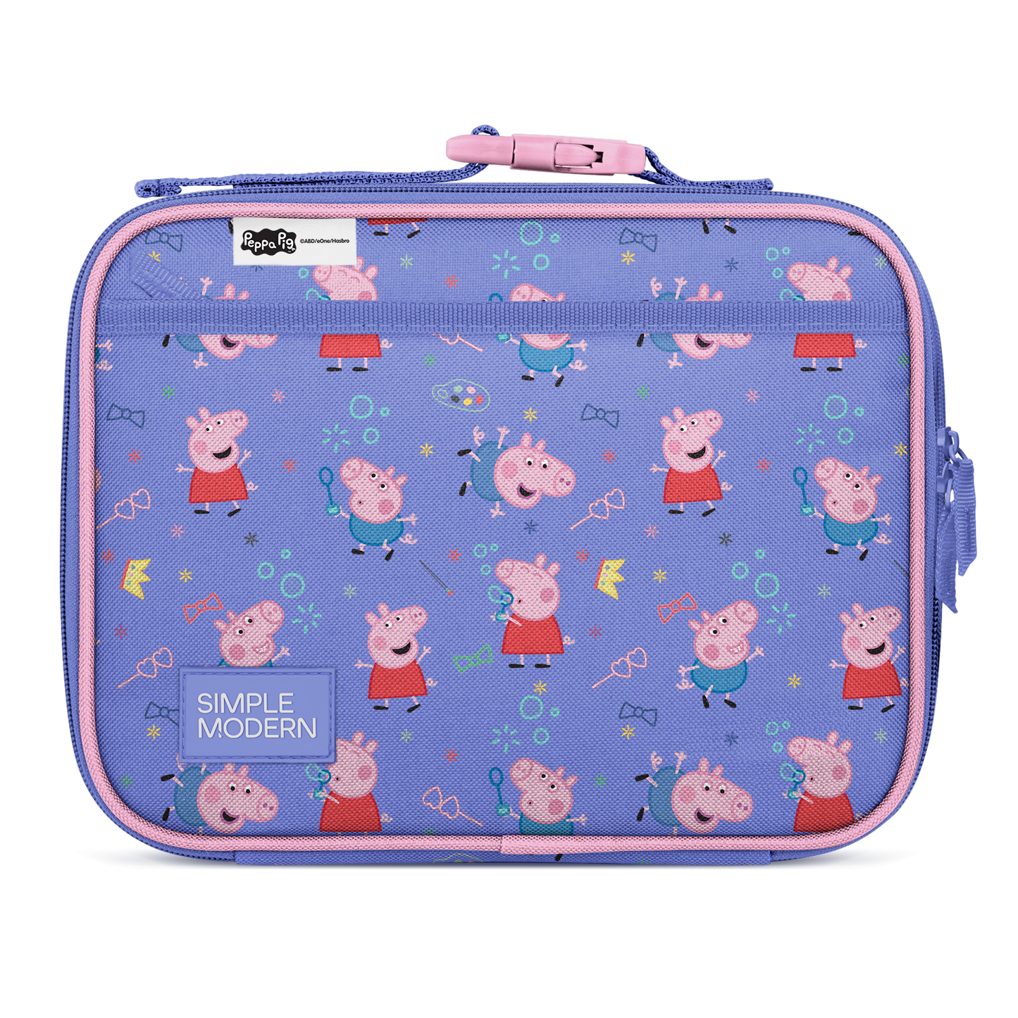 Periwinkle blue children's lunch box with pink trim and accents on the exterior surface.
