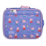 Periwinkle blue children's lunch box with pink trim and accents on the exterior surface.