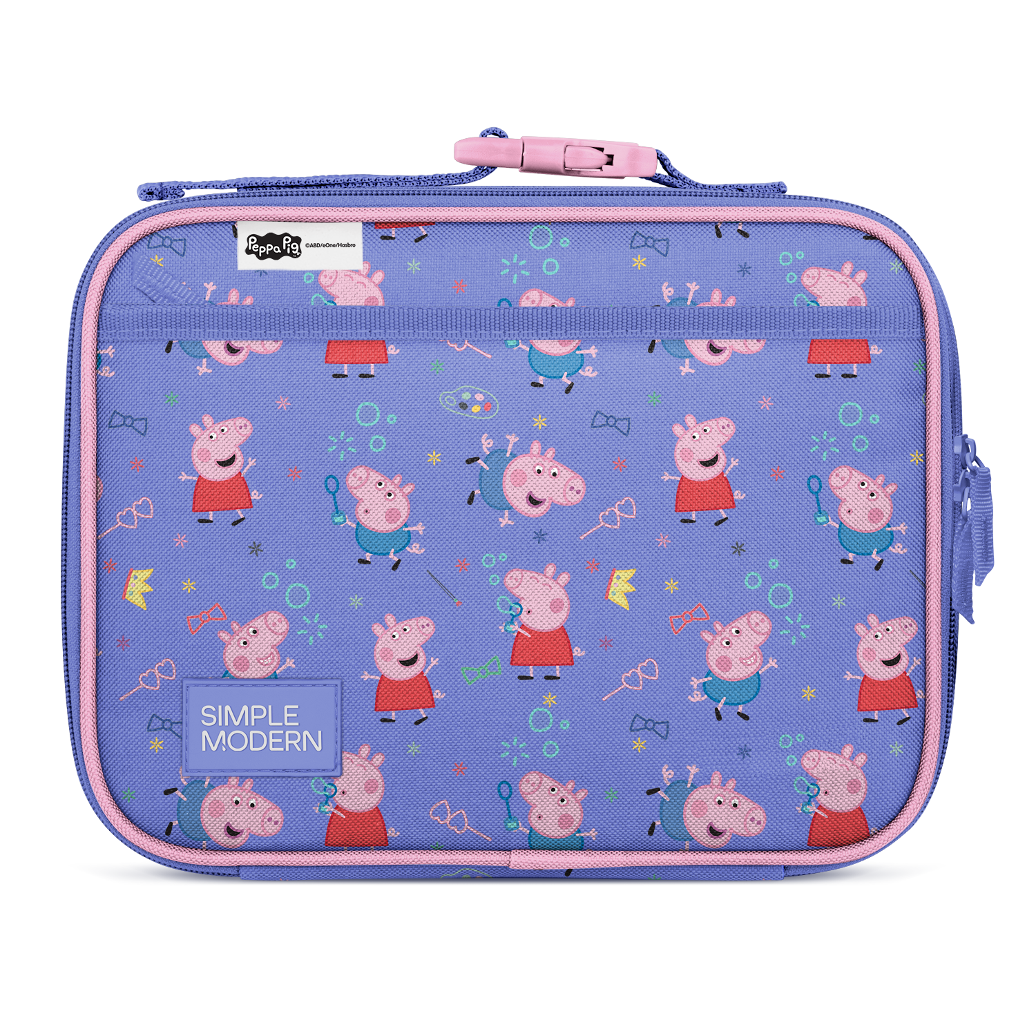 Periwinkle blue children's lunch box with pink trim and accents on the exterior surface.