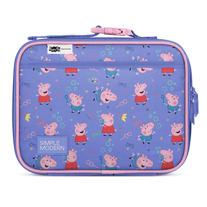 Periwinkle blue children's lunch box with pink trim and accents on the exterior surface.