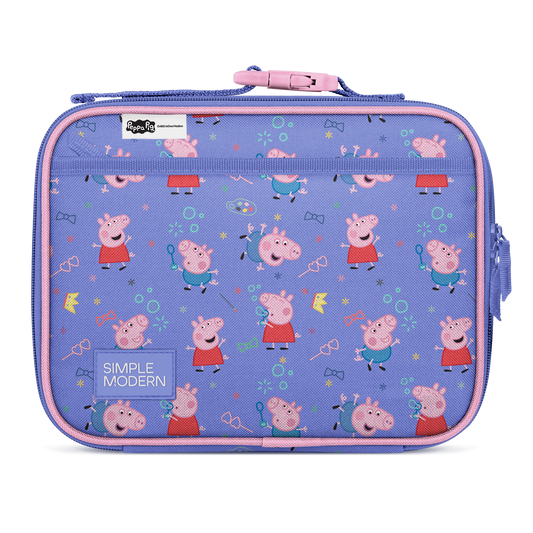 Periwinkle blue children's lunch box with pink trim and accents on the exterior surface.