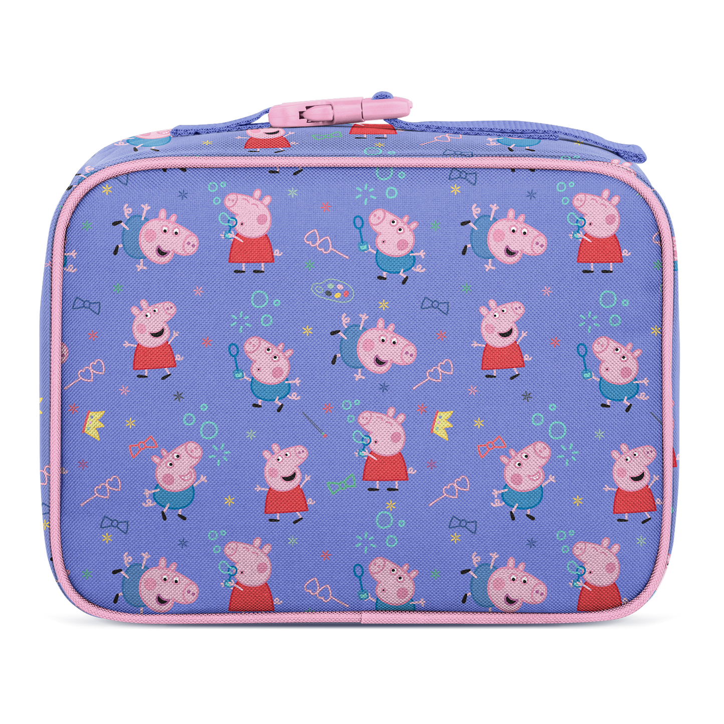 Periwinkle blue lunch container with soft pink trim, zipper accent, and colorful pattern details in coral red, teal green, and yellow.