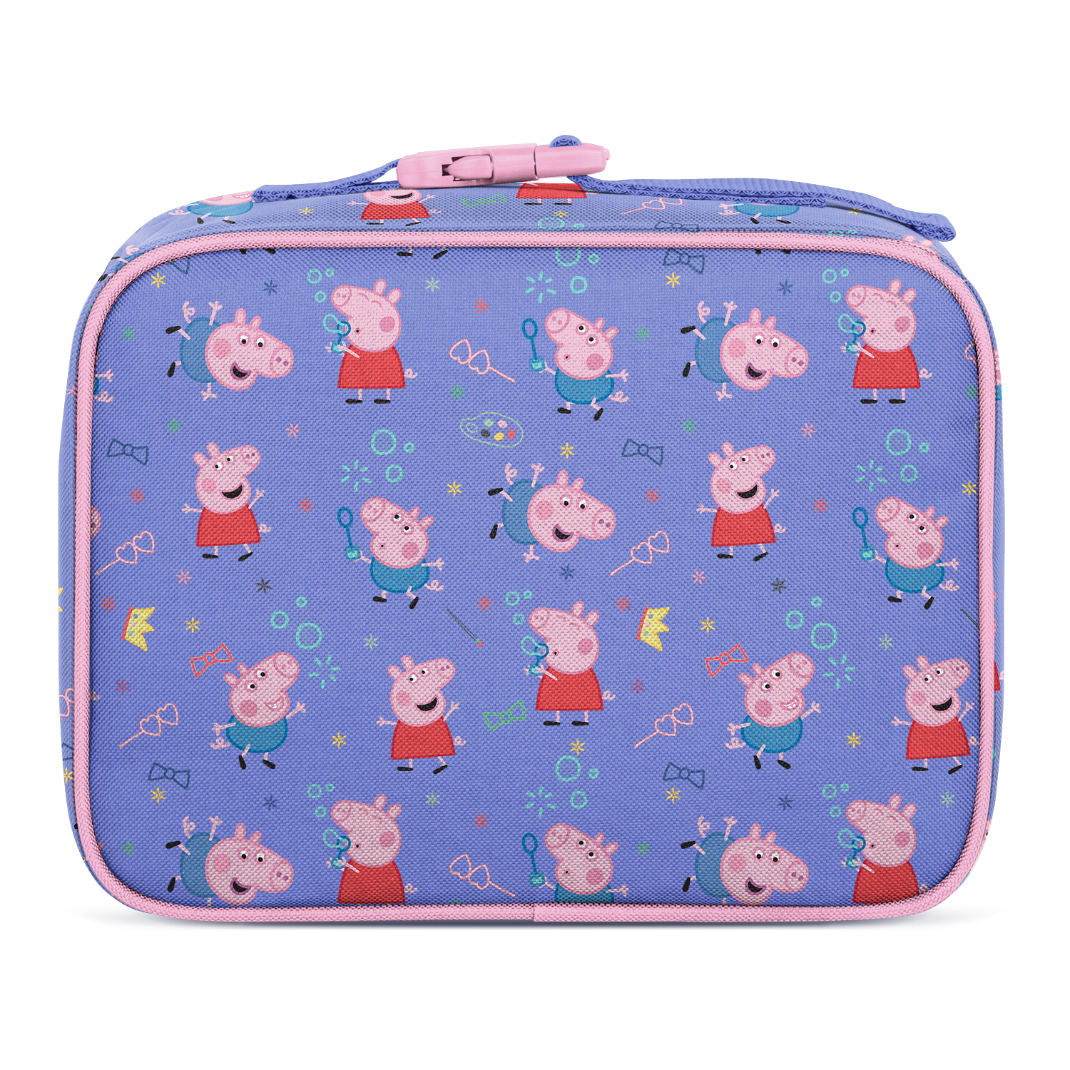 Periwinkle blue lunch container with soft pink trim, zipper accent, and colorful pattern details in coral red, teal green, and yellow.