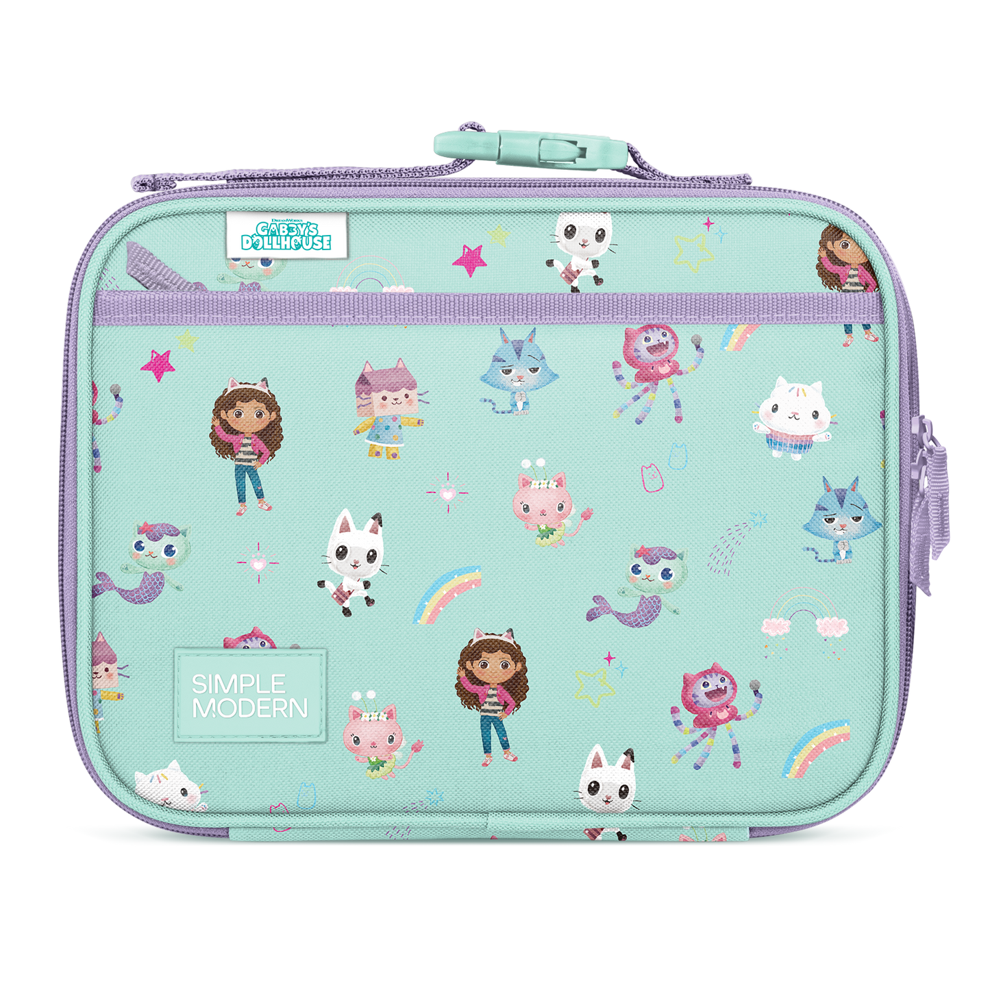 Soft mint green insulated lunch bag with lavender purple zipper, trim, and handles