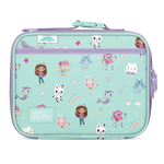 Soft mint green insulated lunch bag with lavender purple zipper, trim, and handles