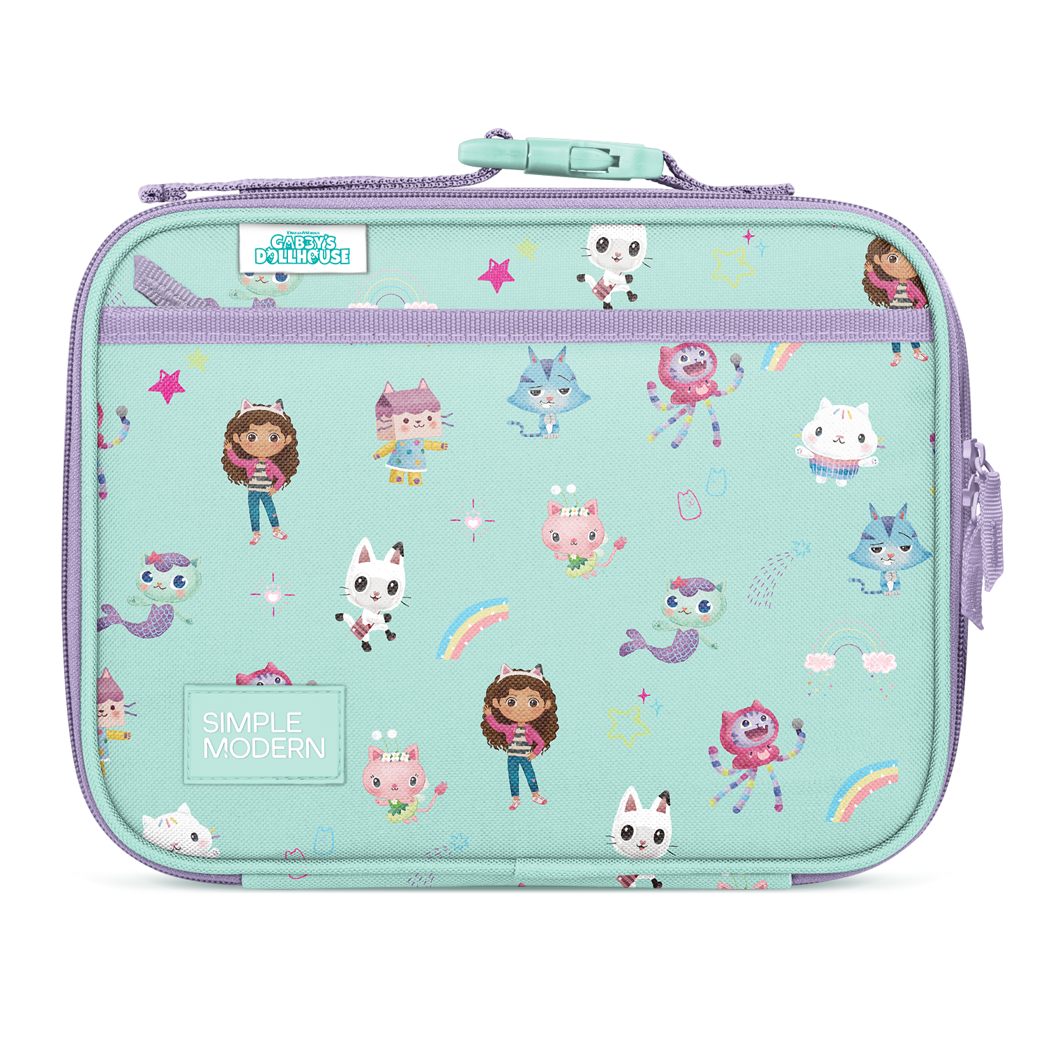 Soft mint green insulated lunch bag with lavender purple zipper, trim, and handles