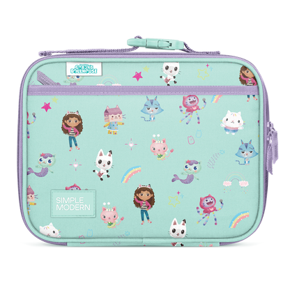 Soft mint green insulated lunch bag with lavender purple zipper, trim, and handles