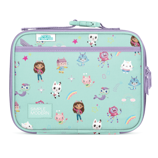 Soft mint green insulated lunch bag with lavender purple zipper, trim, and handles