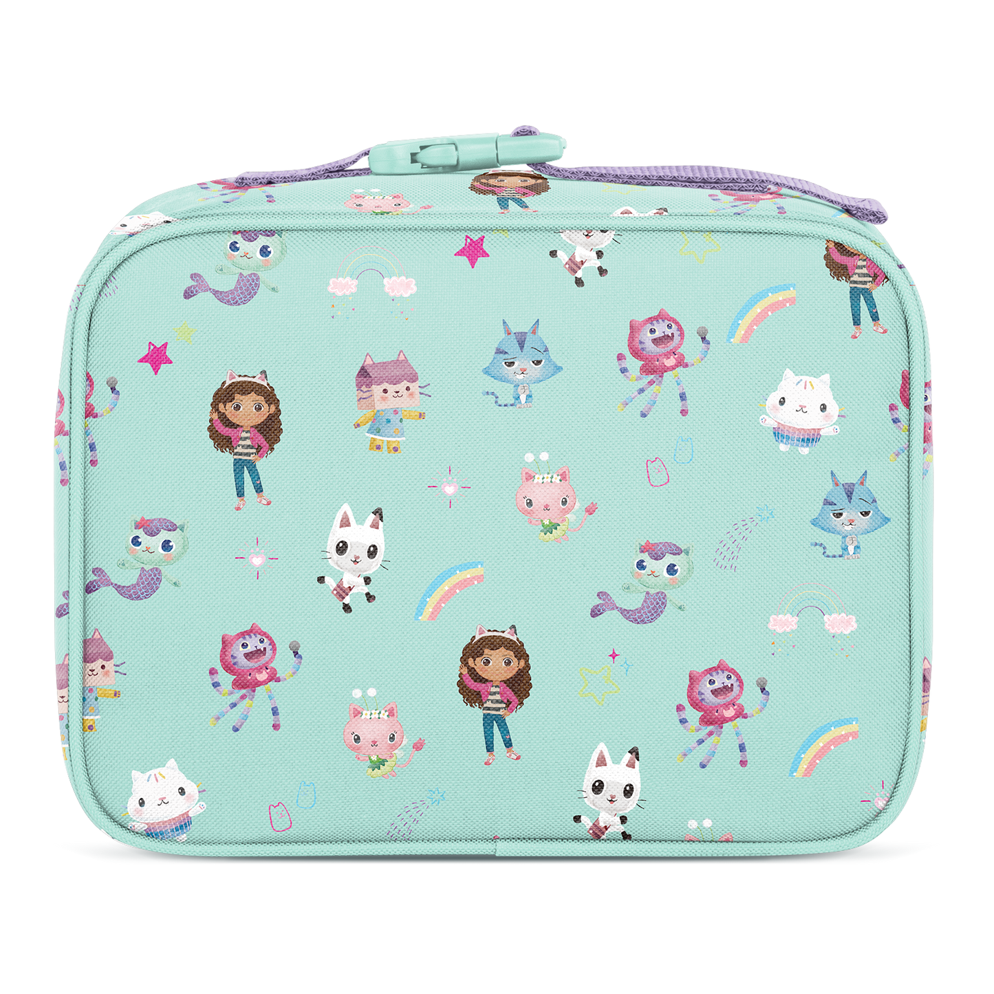 Soft mint green lunch bag with hot pink, purple, and blue color blocking design, modern minimalist style