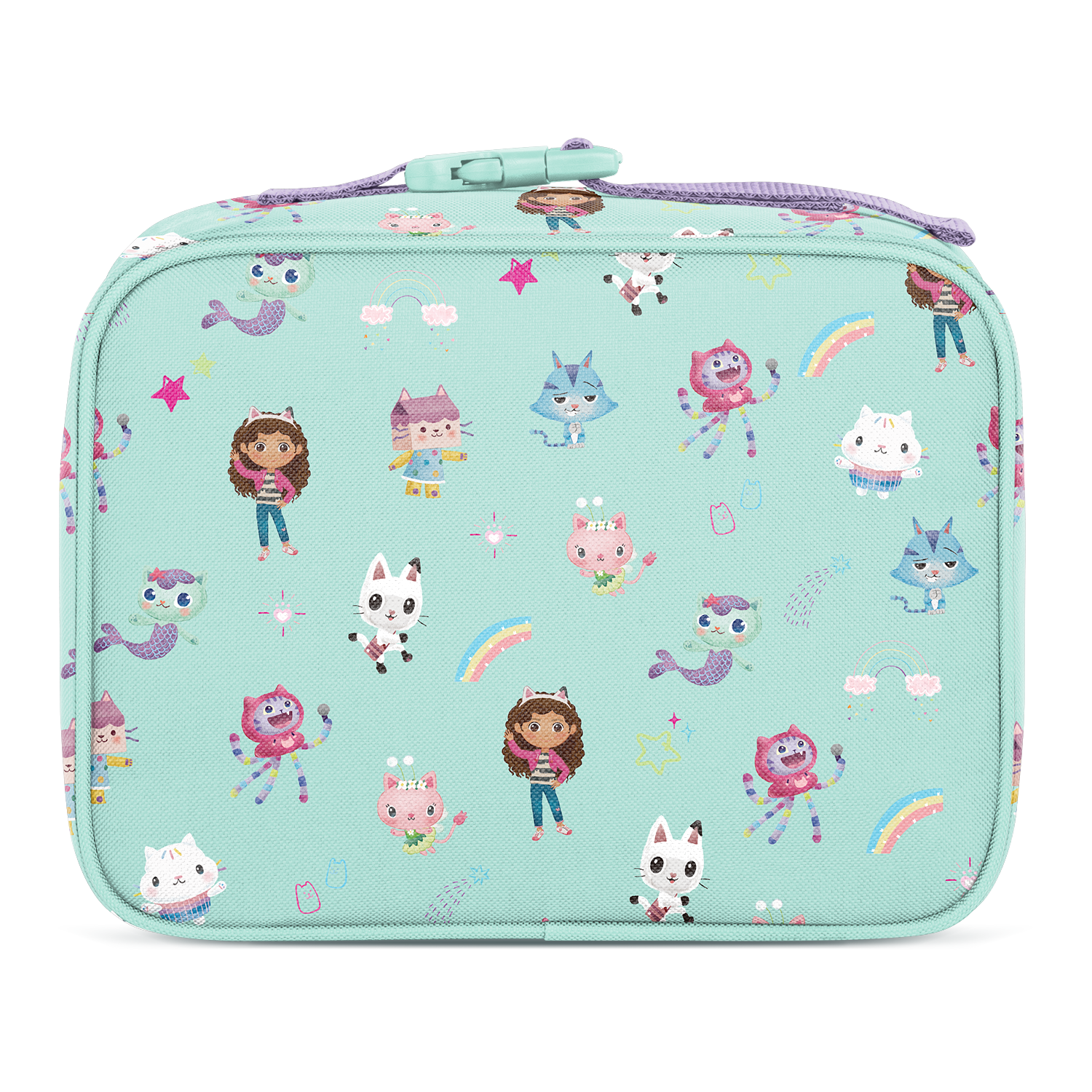 Soft mint green lunch bag with hot pink, purple, and blue color blocking design, modern minimalist style