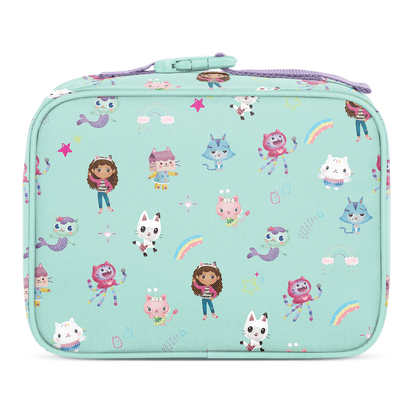 Soft mint green lunch bag with hot pink, purple, and blue color blocking design, modern minimalist style