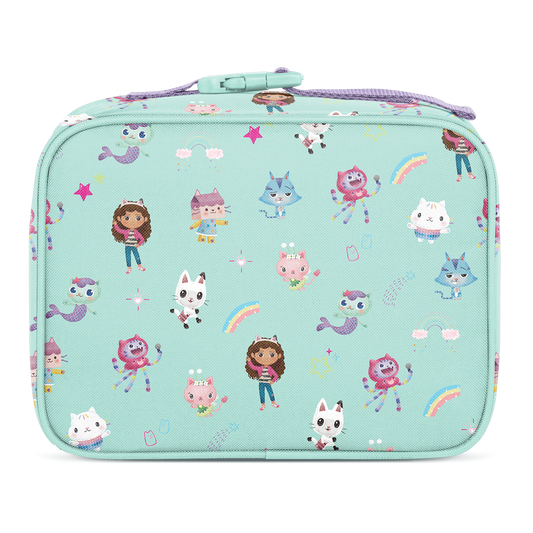 Soft mint green lunch bag with hot pink, purple, and blue color blocking design, modern minimalist style