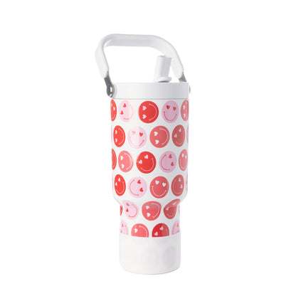 Vintage Valentine's Day greeting card with red and pink floral design on white background, featuring decorative handle and lid elements with gray accents.