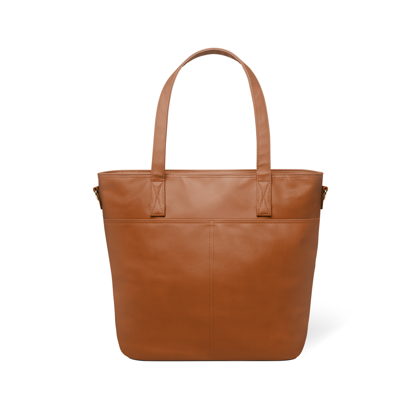 Back view of cognac brown leather tote bag in medium to dark tan shade, showing structured silhouette and craftsmanship details of this sophisticated, earthy-toned accessory.
