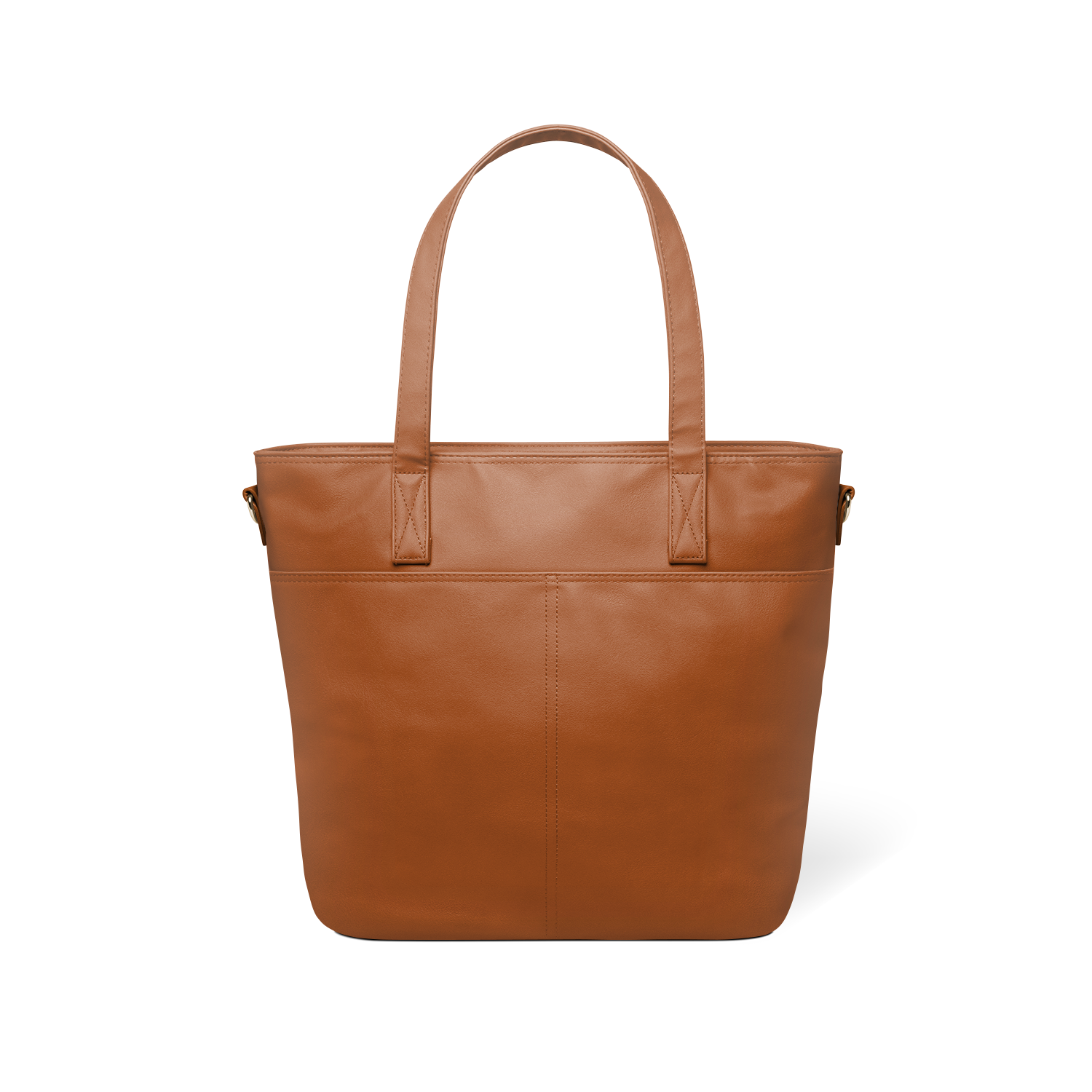 Back view of cognac brown leather tote bag in medium to dark tan shade, showing structured silhouette and craftsmanship details of this sophisticated, earthy-toned accessory.