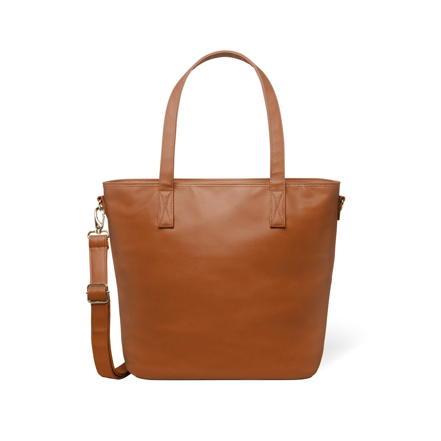 Brown leather tote bag with gold-toned metal hardware, front view on white background