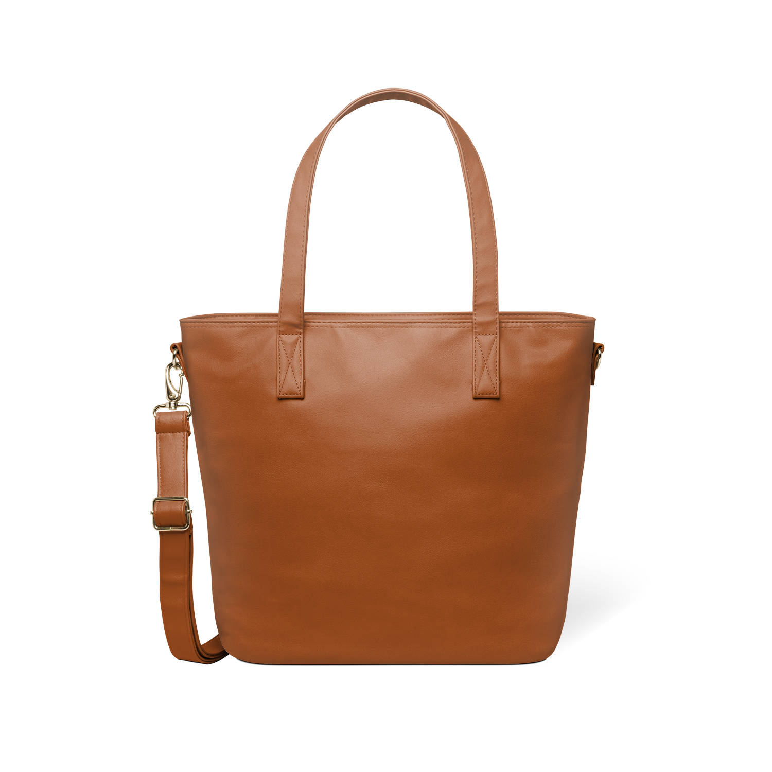 Brown leather tote bag with gold-toned metal hardware, front view on white background