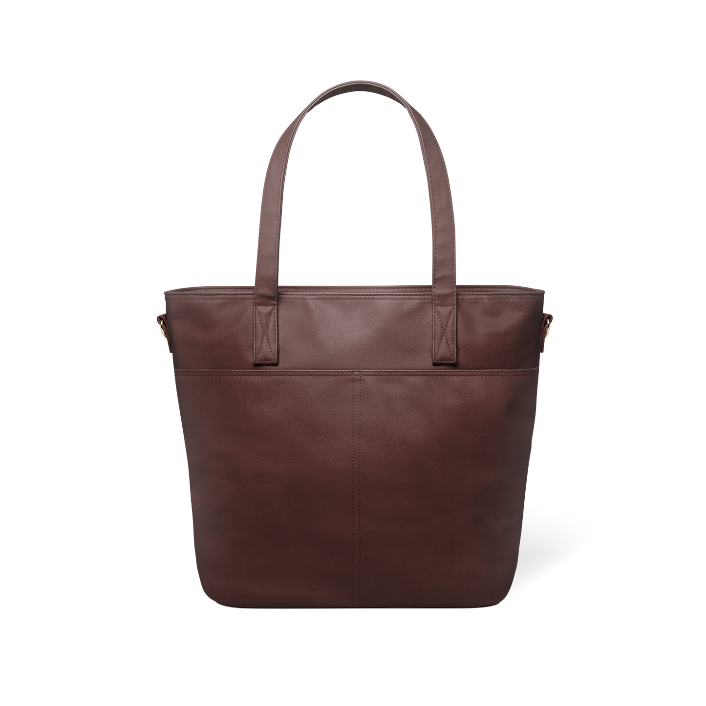 Mahogany brown leather tote bag back view, featuring structured silhouette with handles against white background