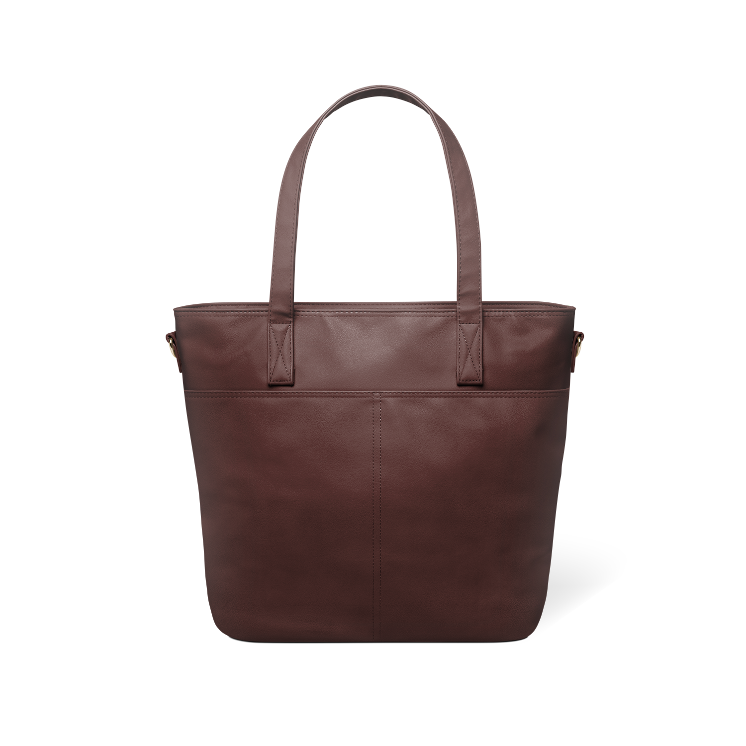 Mahogany brown leather tote bag back view, featuring structured silhouette with handles against white background
