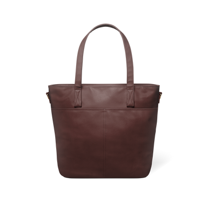 Mahogany brown leather tote bag back view, featuring structured silhouette with handles against white background
