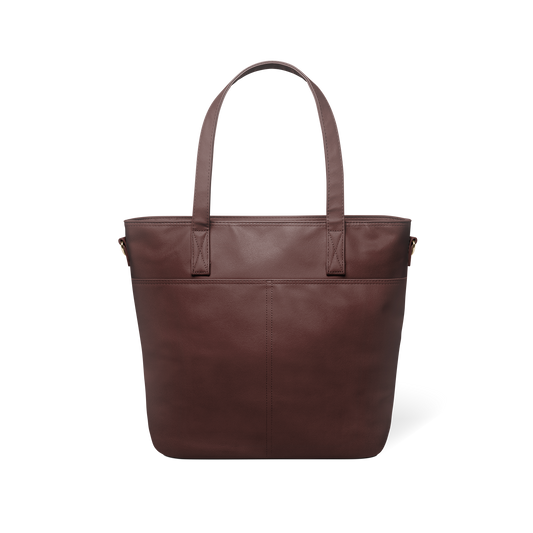 Mahogany brown leather tote bag back view, featuring structured silhouette with handles against white background