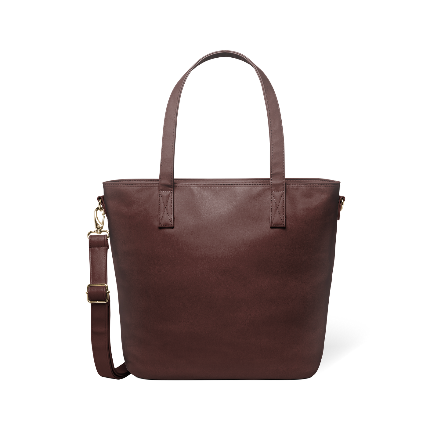 Mahogany brown leather handbag with gold-tone hardware and clasp, shown against a neutral background