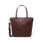 Mahogany brown leather handbag with gold-tone hardware and clasp, shown against a neutral background