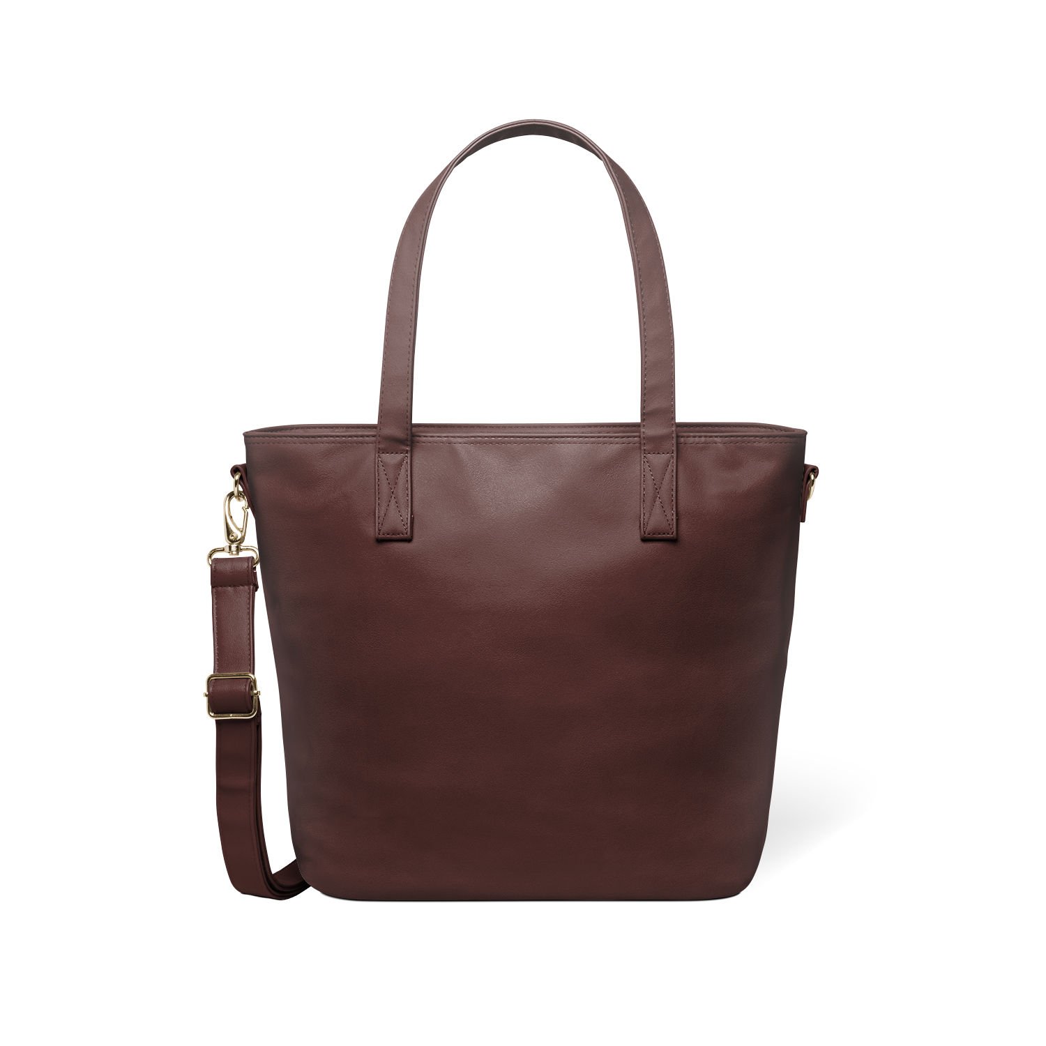 Mahogany brown leather handbag with gold-tone hardware and clasp, shown against a neutral background