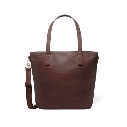 Mahogany brown leather handbag with gold-tone hardware and clasp, shown against a neutral background