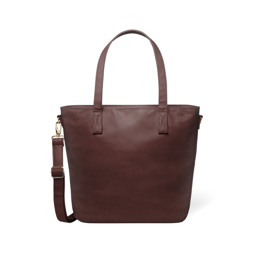 Mahogany brown leather handbag with gold-tone hardware and clasp, shown against a neutral background
