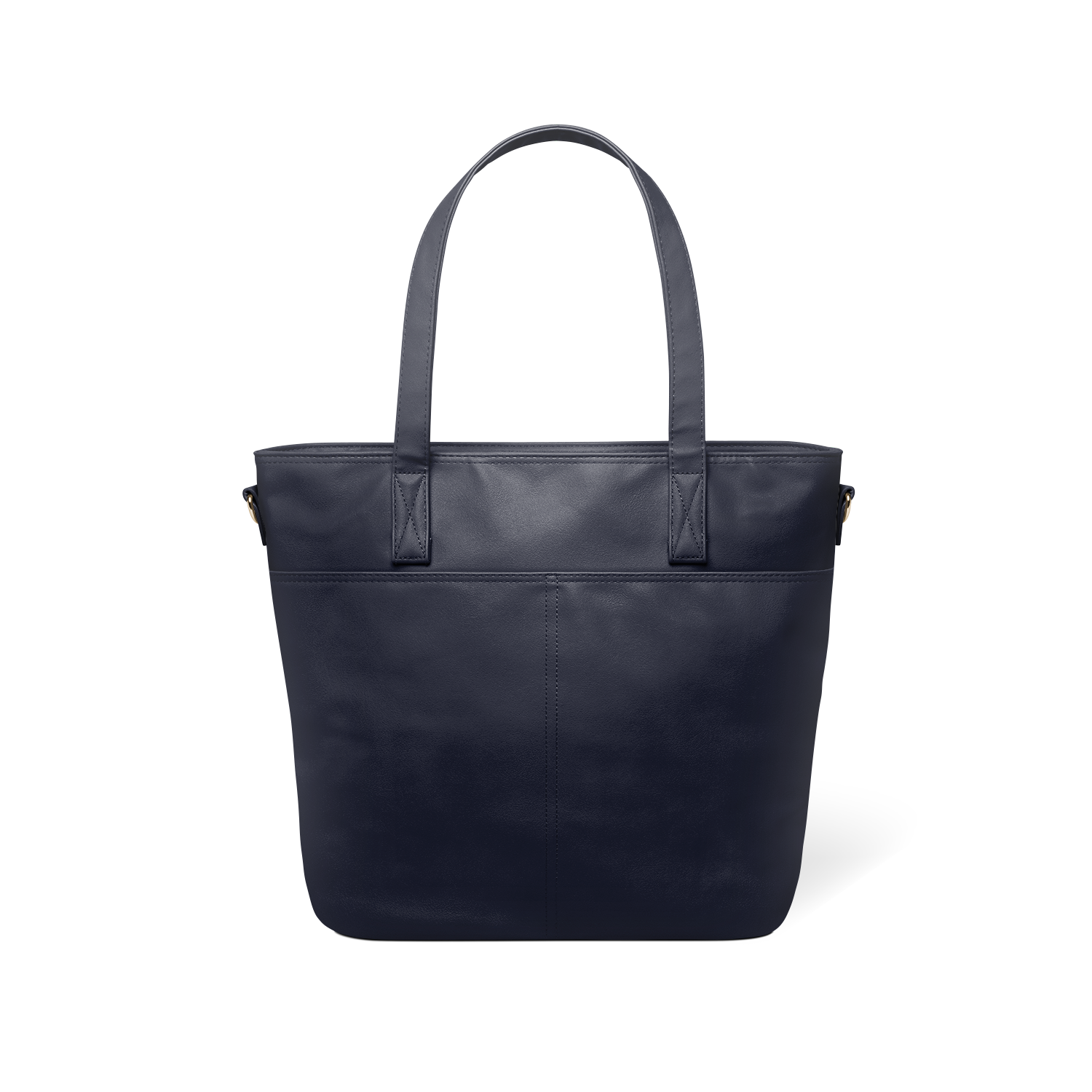 Deep navy blue leather tote bag with structured shape, shown from back view against white background, displaying sleek minimalist design and professional styling.