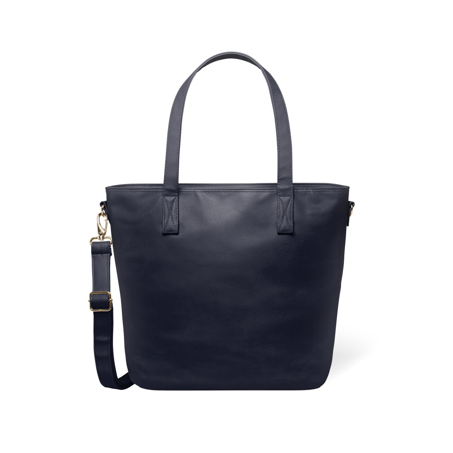 Deep navy modern tote bag with brass-toned metal hardware and handles, displayed flat against a white background