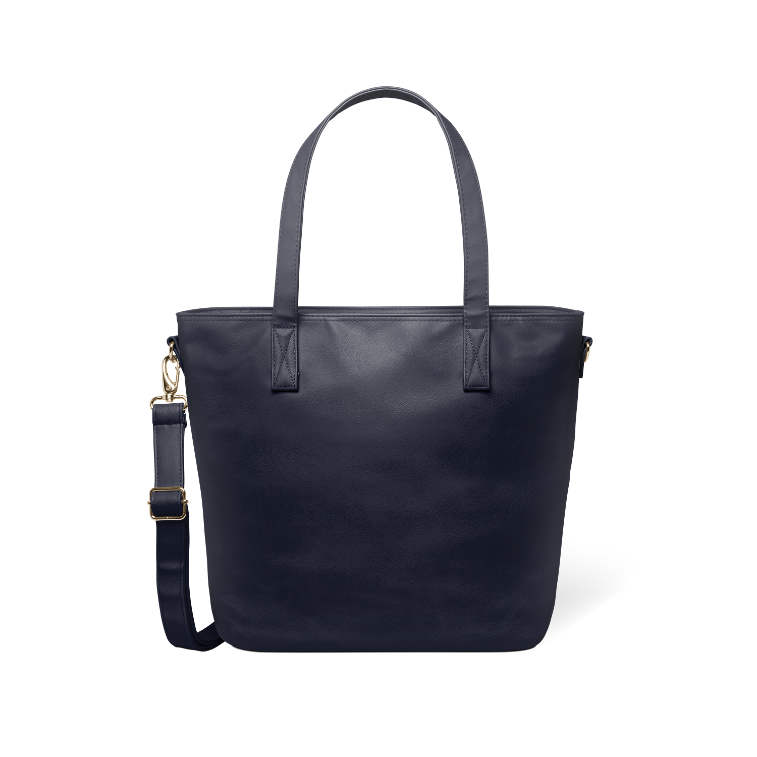 Deep navy modern tote bag with brass-toned metal hardware and handles, displayed flat against a white background