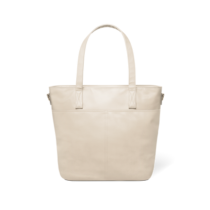 Oatmeal cream colored tote bag shown from back view, featuring simple modern design with soft off-white coloring against white background