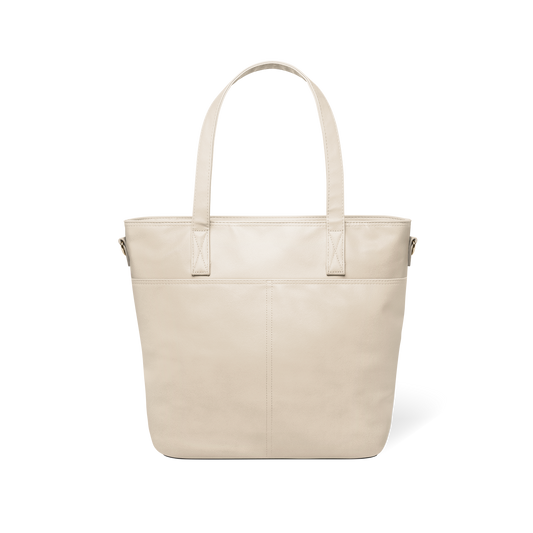 Oatmeal cream colored tote bag shown from back view, featuring simple modern design with soft off-white coloring against white background