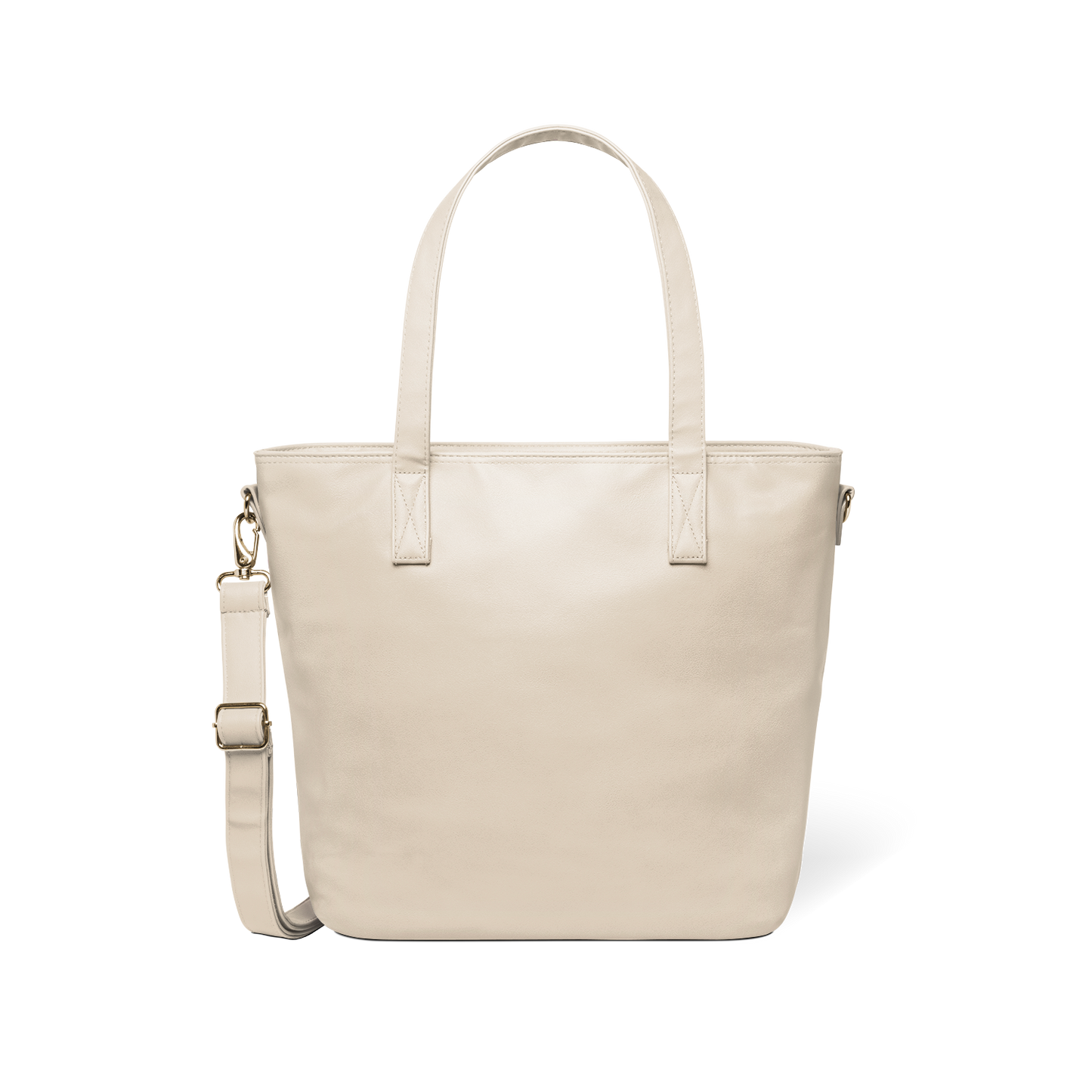 Oatmeal-colored tote bag with gold-toned metal hardware and handles against a white background