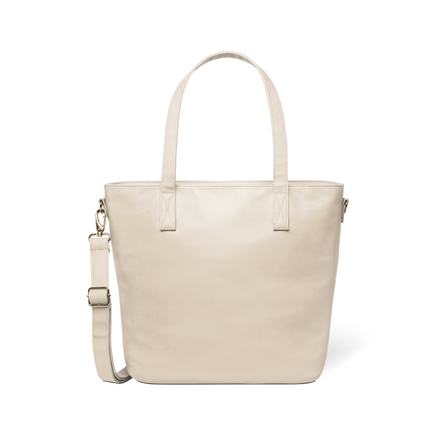 Oatmeal-colored tote bag with gold-toned metal hardware and handles against a white background
