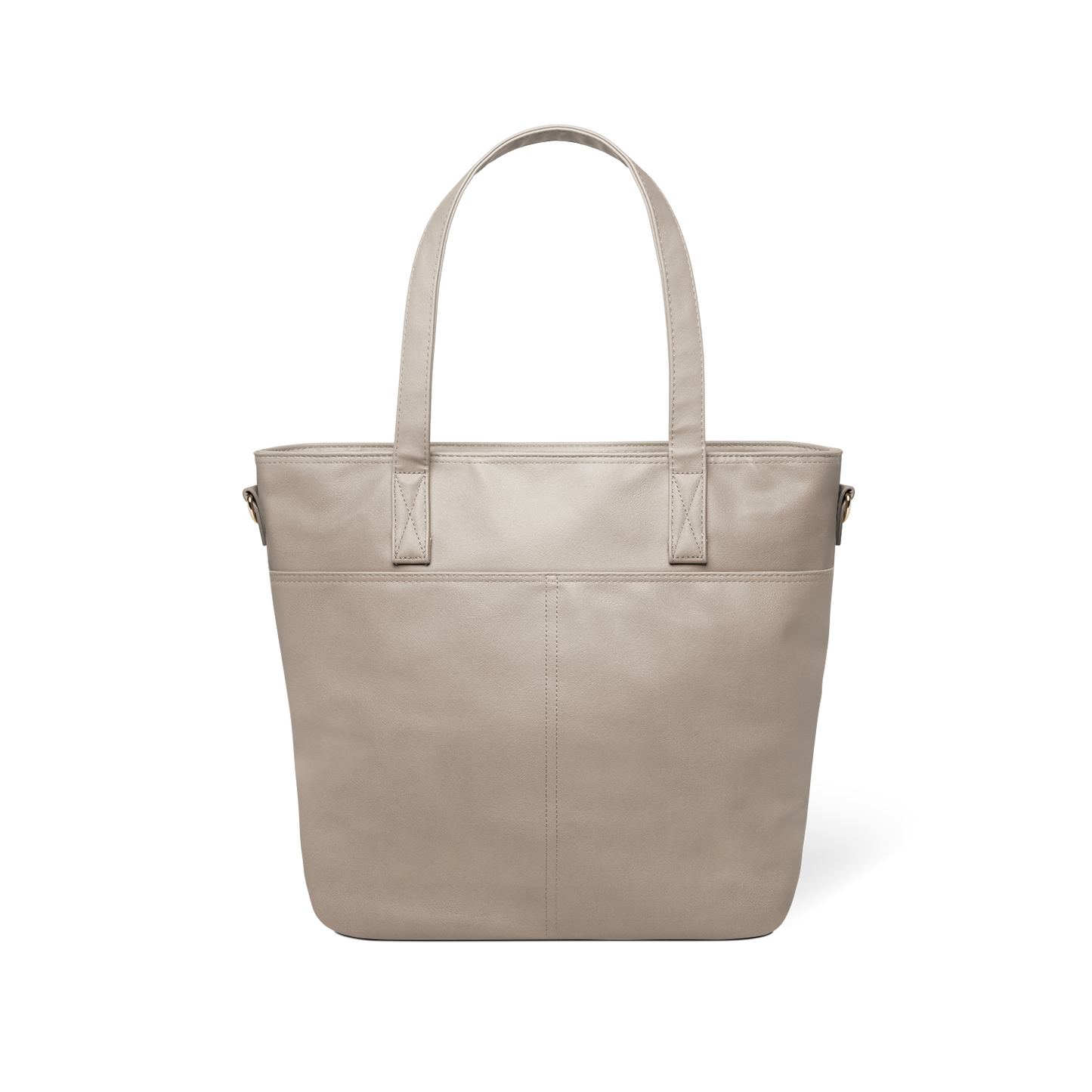 Beige taupe tote bag with handles displayed against white background, back view