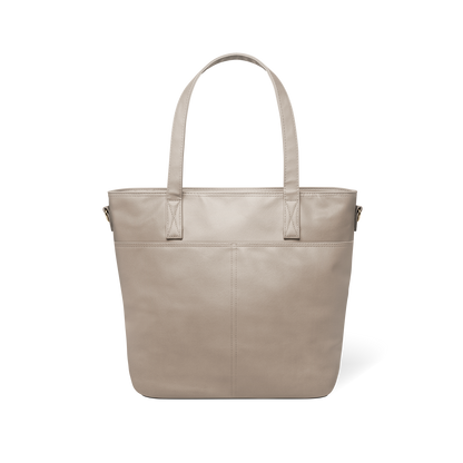 Beige taupe tote bag with handles displayed against white background, back view