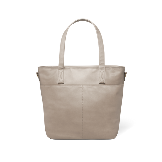 Beige taupe tote bag with handles displayed against white background, back view