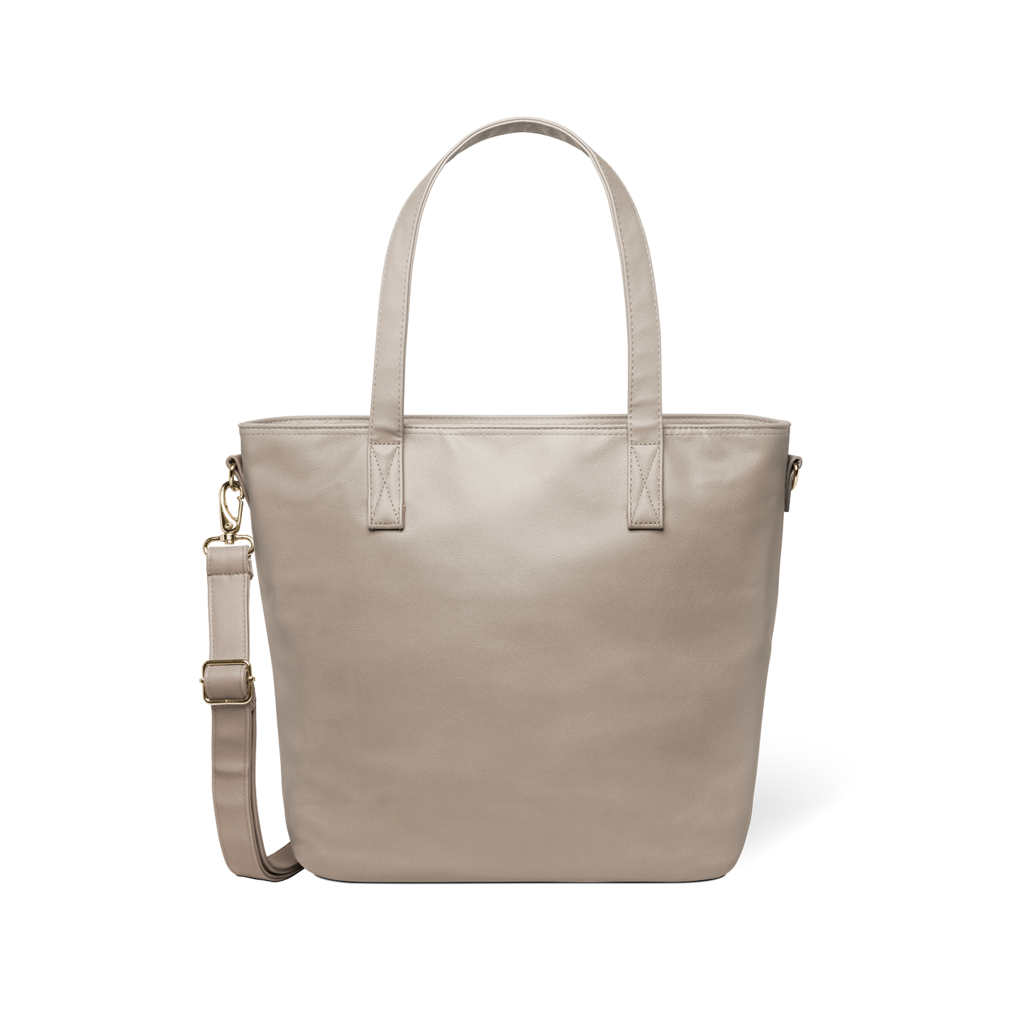 Beige tote bag with metal hardware accents displayed against a white background