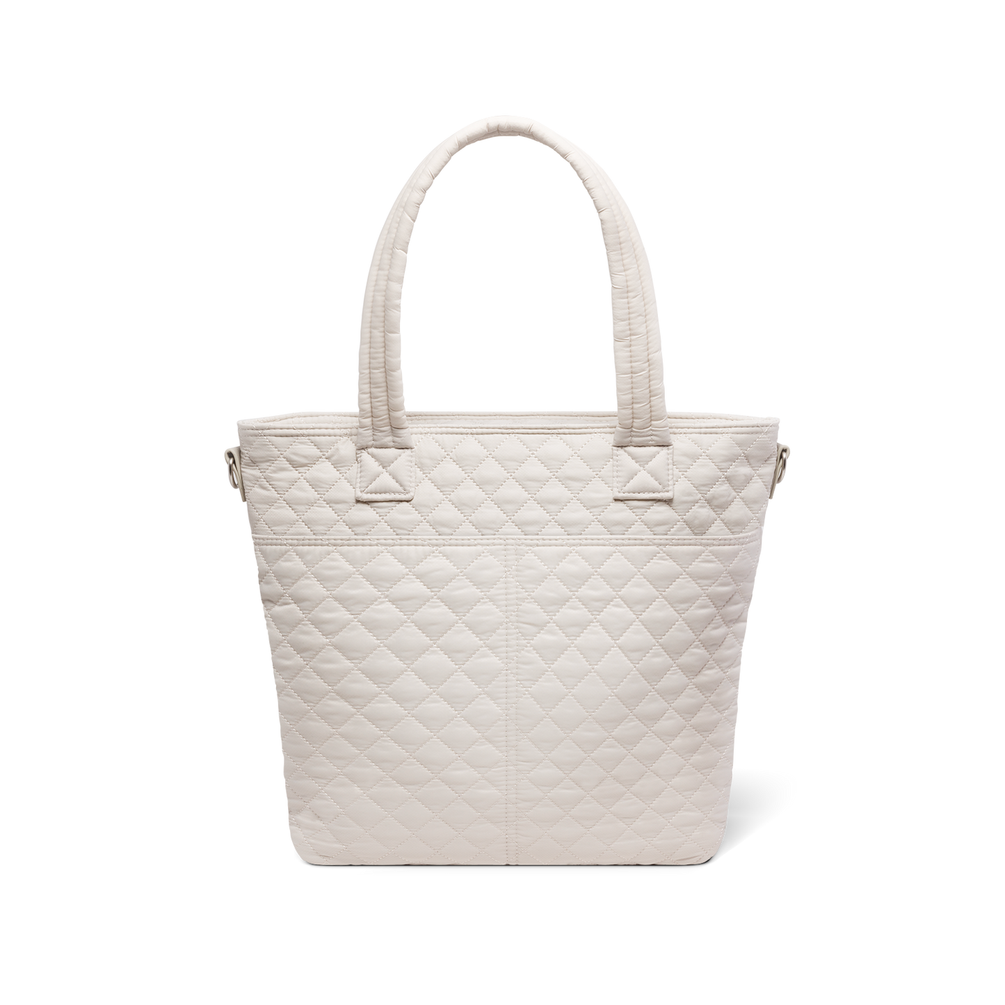 Cream quilted tote bag with soft, warm off-white color displayed against a white background, shown from the back view.