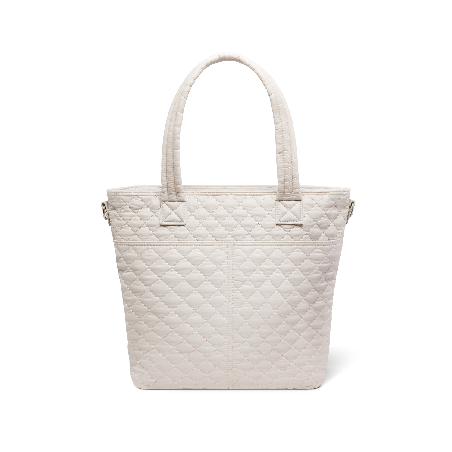Cream quilted tote bag with soft, warm off-white color displayed against a white background, shown from the back view.