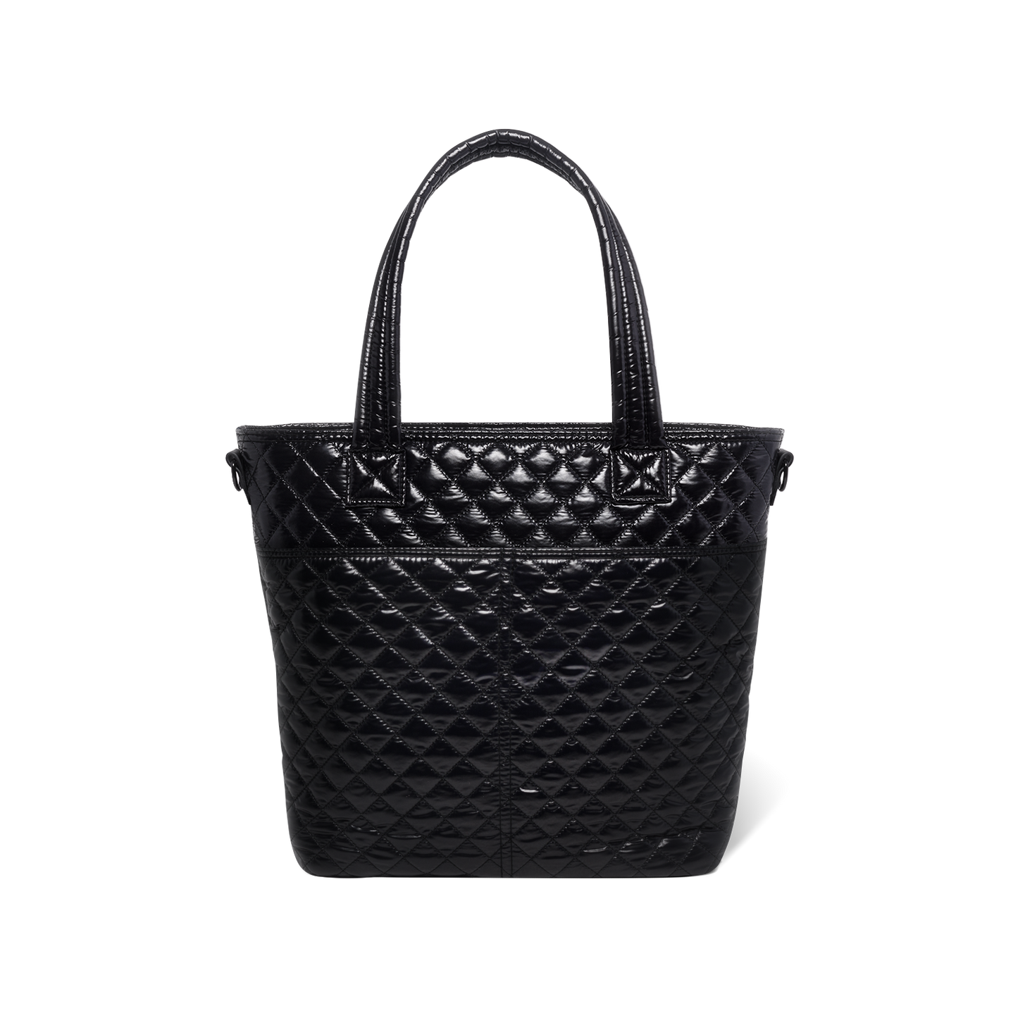 Black quilted tote bag with handles shown from back view against white background