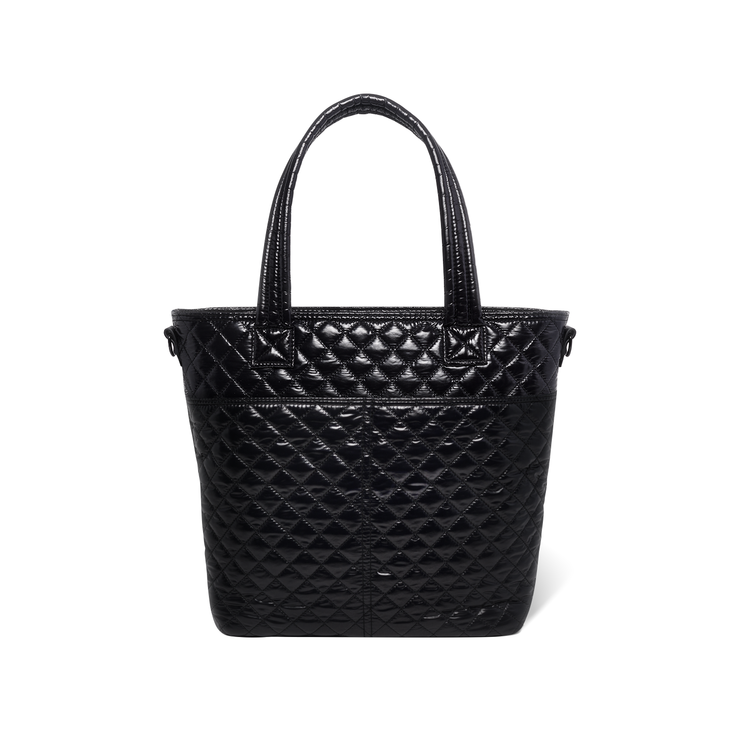 Black quilted tote bag with handles shown from back view against white background