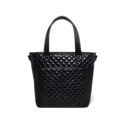 Black quilted tote bag with handles shown from back view against white background